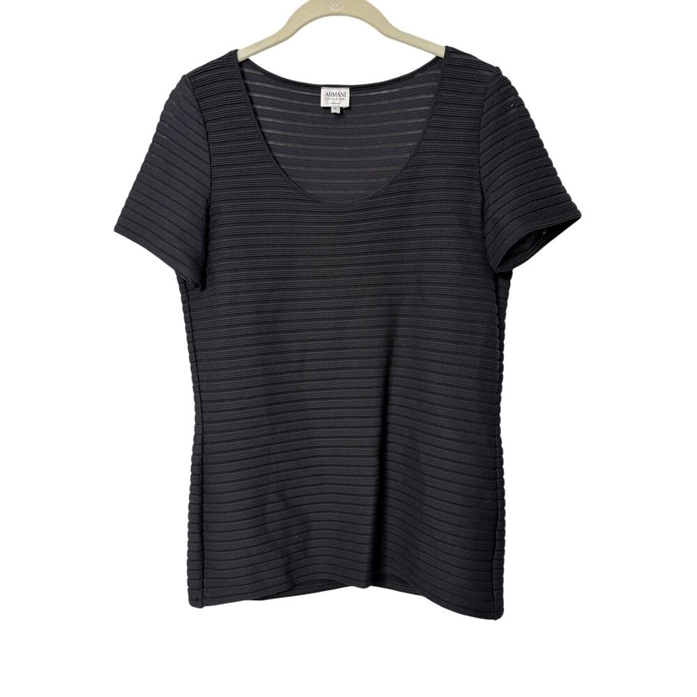 Armani Collezioni Black Stripe Textured Short Sleeve Scoop Neck Top Sz 8